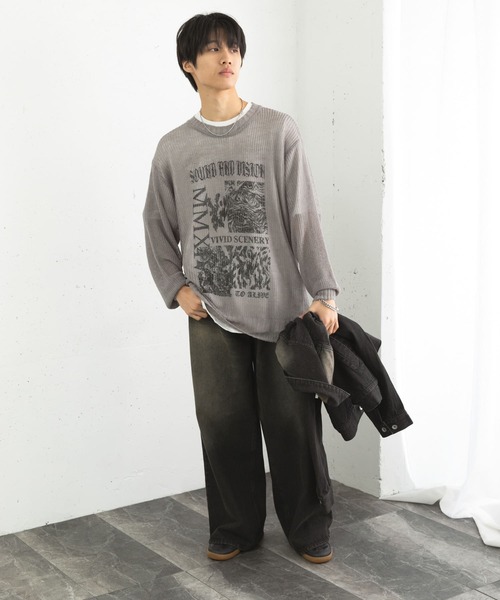 SENSE OF PLACE by URBAN RESEARCH（センスオブプレイスバイアーバンリサーチ）の「『洗濯可』グラフィックプリントシアーニット（ニット/セーター・メンズ・ネイビー/グレー/グリーン系その他・MEDIUM/LARGE）」の9枚目の写真