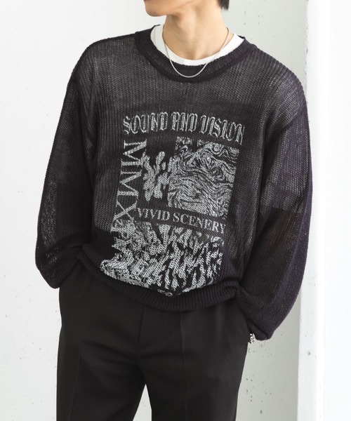 SENSE OF PLACE by URBAN RESEARCH（センスオブプレイスバイアーバンリサーチ）の「『洗濯可』グラフィックプリントシアーニット（ニット/セーター・メンズ・ネイビー/グレー/グリーン系その他・MEDIUM/LARGE）」の20枚目の写真