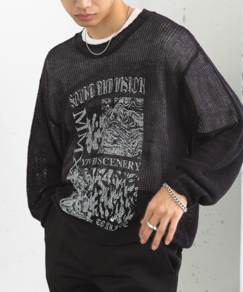 SENSE OF PLACE by URBAN RESEARCH（センスオブプレイスバイアーバンリサーチ）の「『洗濯可』グラフィックプリントシアーニット（ニット/セーター・メンズ・ネイビー/グレー/グリーン系その他・MEDIUM/LARGE）」の21枚目の写真