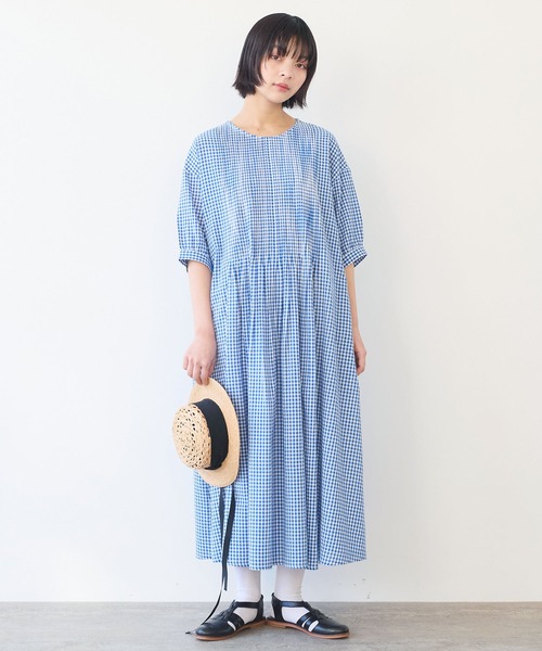 【bulle de savon】 ビュルデサボン コットンチェック柄ワンピース △gingham pin tuck ワンピース(ワンピース)|bulle de savon