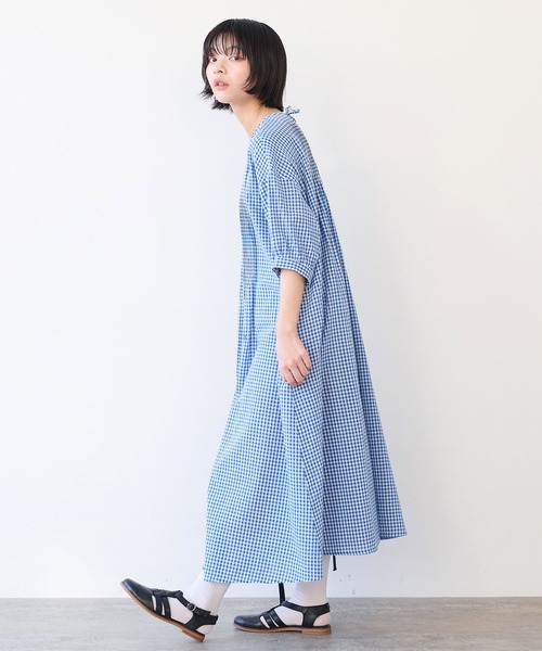 【bulle de savon】 ビュルデサボン コットンチェック柄ワンピース △gingham pin tuck ワンピース（ワンピース）｜bulle de savon