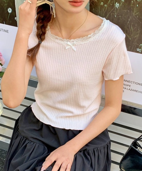 セール】レーストリムリブショートTシャツ（Tシャツ/カットソー