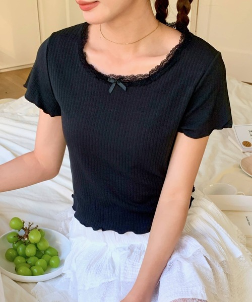 セール】レーストリムリブショートTシャツ（Tシャツ/カットソー