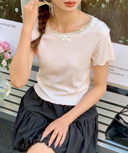 セール】レーストリムリブショートTシャツ（Tシャツ/カットソー