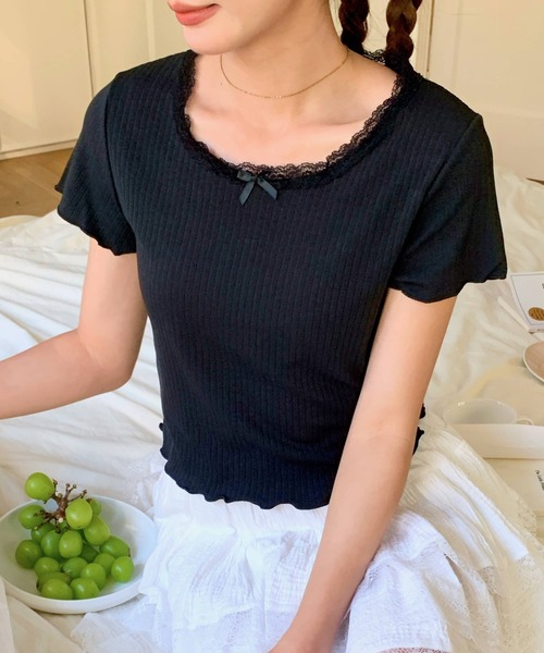 セール】レーストリムリブショートTシャツ（Tシャツ/カットソー