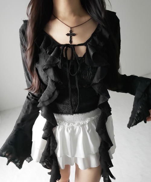 2color 】ダメージフリルショートリボンカーディガン ／ damage frill