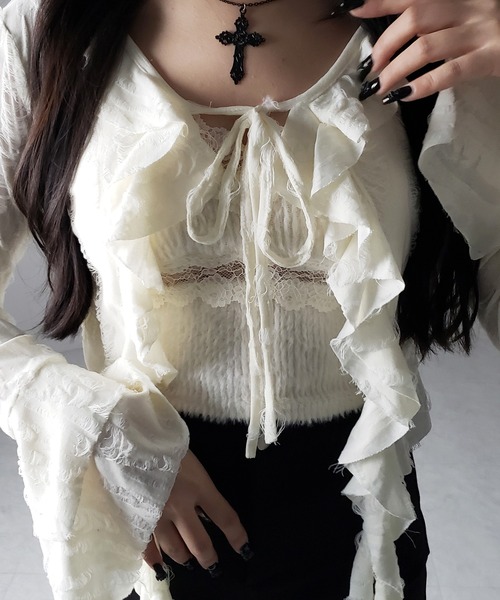 me+em select（ミームセレクト）の「【 ２color 】ダメージフリルショートリボンカーディガン ／ damage frill short ribbon cardigan（カーディガン/ボレロ・レディース・ブラック/アイボリー・FREE）」の8枚目の写真