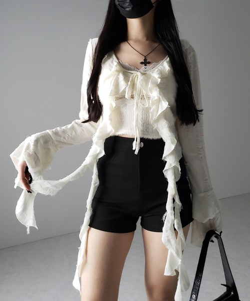 me+em select（ミームセレクト）の「【 ２color 】ダメージフリルショートリボンカーディガン ／ damage frill short ribbon cardigan（カーディガン/ボレロ・レディース・ブラック/アイボリー・FREE）」の16枚目の写真