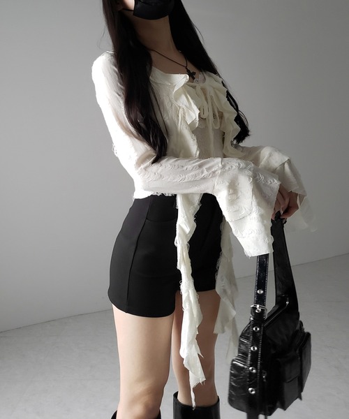 me+em select（ミームセレクト）の「【 ２color 】ダメージフリルショートリボンカーディガン ／ damage frill short ribbon cardigan（カーディガン/ボレロ・レディース・ブラック/アイボリー・FREE）」の17枚目の写真
