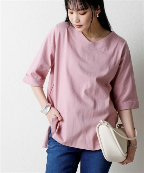 nissen(ニッセン)の「綿100%バスク折り返し袖Ⅴネックトップス(UVカット)<大きいサイズ有>(Tシャツ/カットソー・レディース・オフホワイト/ブラック/ベージュ/グリーン/ダークグレー/ピンク/ブルー・L~LL/3L~4L/S~M)」の18枚目の写真