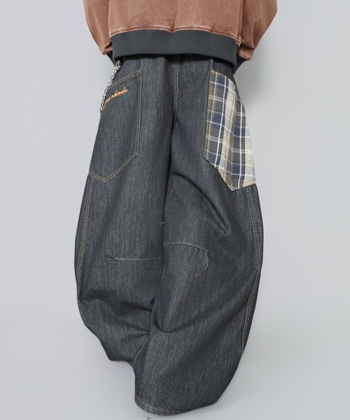 バルーンデニムワイドパンツ/チェック切り替えデザイン/カーブバレル