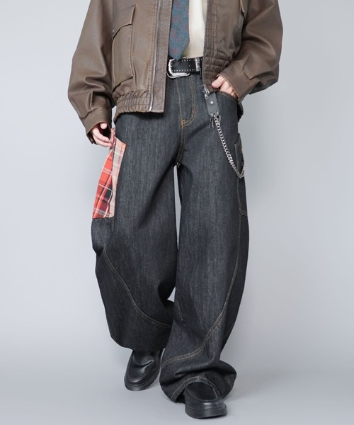 バルーンデニムワイドパンツ/チェック切り替えデザイン/カーブバレル