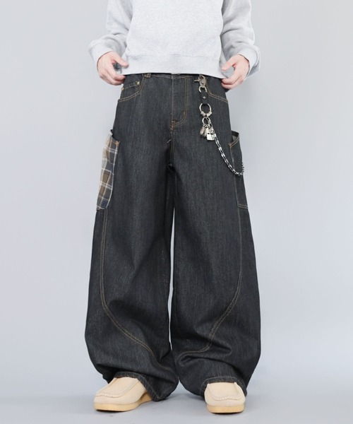 バルーンデニムワイドパンツ/チェック切り替えデザイン/カーブ
