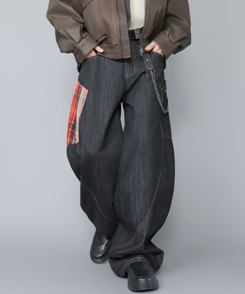 バルーンデニムワイドパンツ/チェック切り替えデザイン/カーブバレル