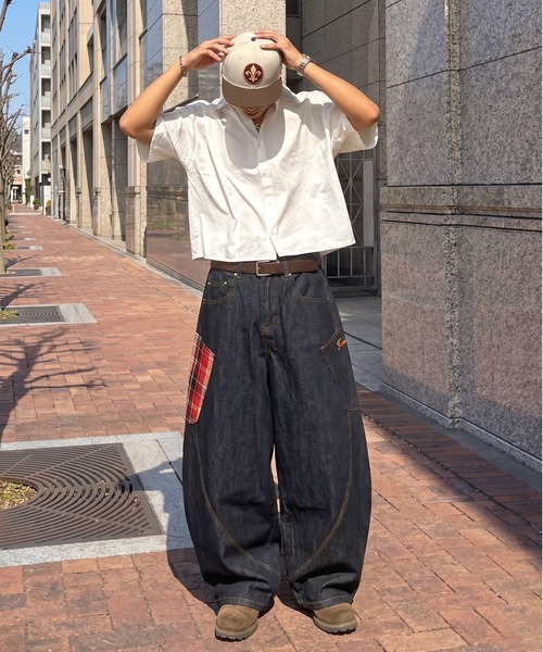 デニムワイドバルーンパンツ/チェック切り替えデザイン/カーブバレル