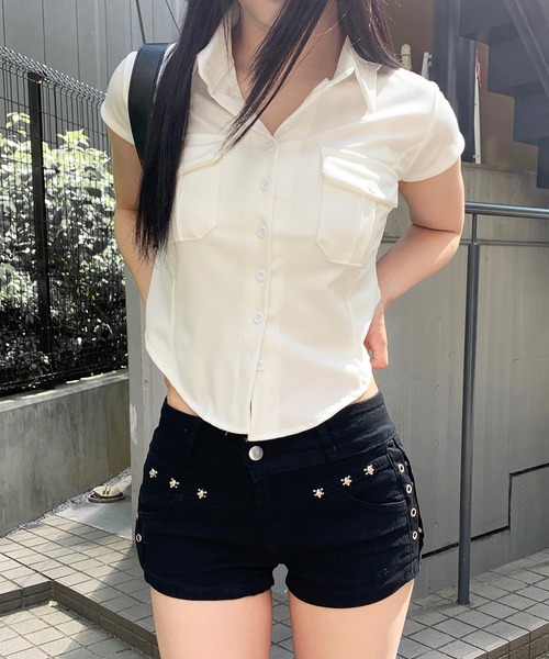 セール】スリムスタイルボタンフロントショート丈シャツ
