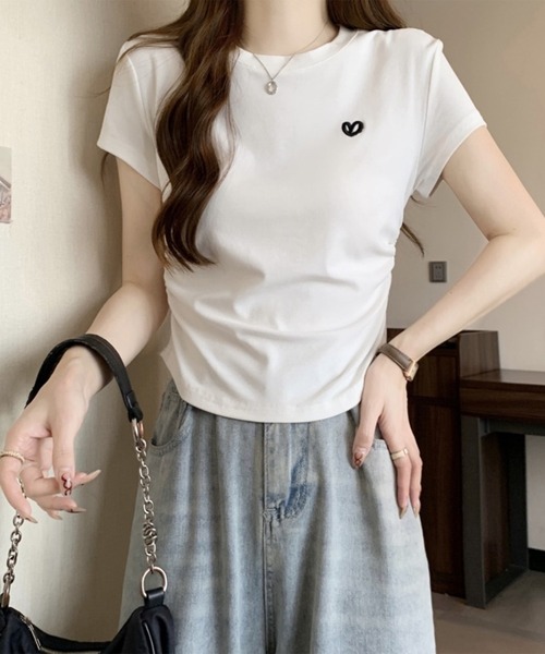 Lace Ladies(レースレディース)の「ハート刺繍 シャーリング クルーネック 半袖 Tシャツ(Tシャツ/カットソー・レディース・ホワイト/グレー/ブラック・M/XL)」の16枚目の写真