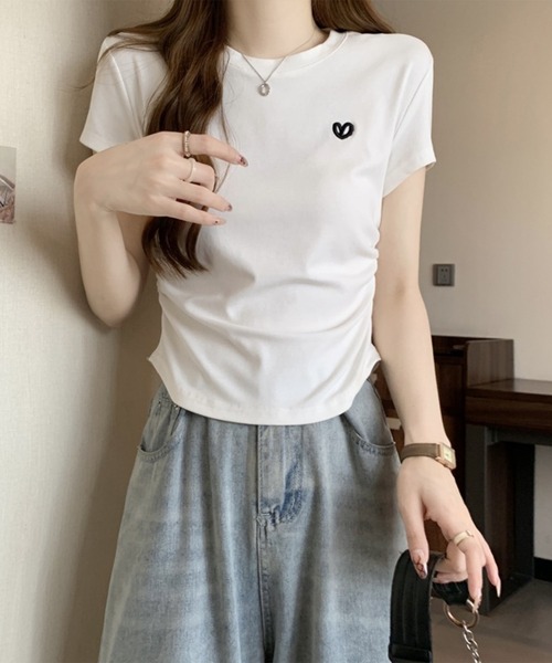 Lace Ladies(レースレディース)の「ハート刺繍 シャーリング クルーネック 半袖 Tシャツ(Tシャツ/カットソー・レディース・ホワイト/グレー/ブラック・M/XL)」の17枚目の写真