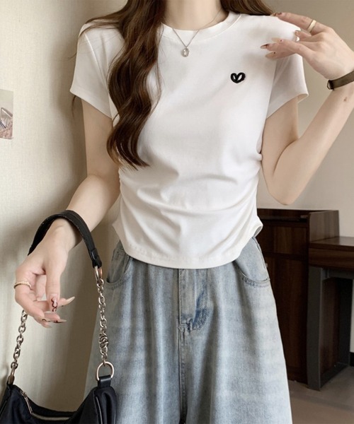 Lace Ladies(レースレディース)の「ハート刺繍 シャーリング クルーネック 半袖 Tシャツ(Tシャツ/カットソー・レディース・ホワイト/グレー/ブラック・M/XL)」の18枚目の写真