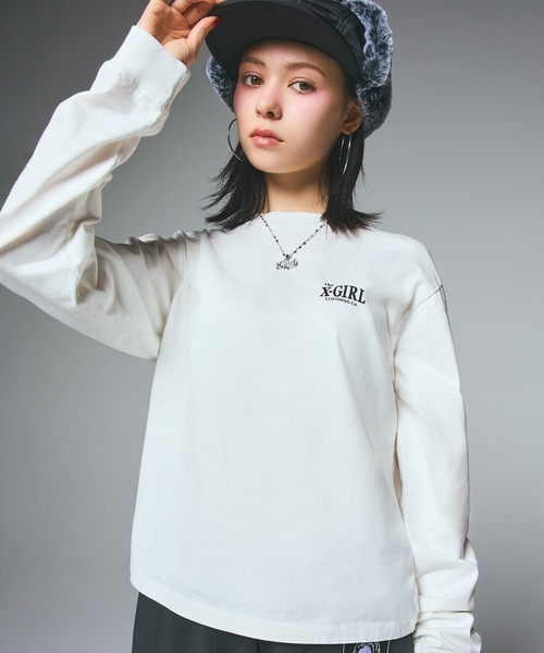 X-girl（エックスガール）の「ORNAMENT FACE L/S TEE（Tシャツ/カットソー・レディース・ブラック/オリーブ/ホワイト・S/M/L）」の14枚目の写真
