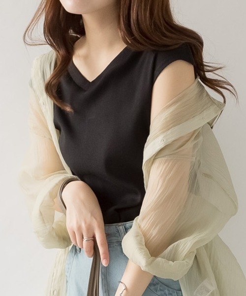 RCD(アールシーディー)の「Vネックリブノースリーブ(Tシャツ/カットソー・レディース・ブラック/ベージュ/杢グレー/カーキ/オフホワイト・4L~5L/LL~3L/M-L)」の16枚目の写真