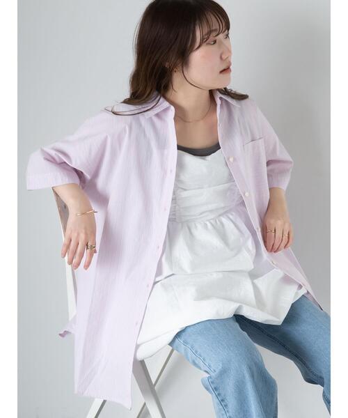 ehka sopo(エヘカソポ)の「ストライプオーバーサイズシャツ(シャツ/ブラウス・レディース・ベージュ/ピンク/サックスブルー・F)」の9枚目の写真