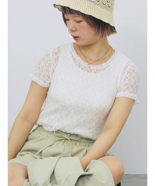 ehka sopo(エヘカソポ)の「レースカットソー(Tシャツ/カットソー・レディース・ブラック/オフホワイト/グリーン/ピンク・F)」の2枚目の写真