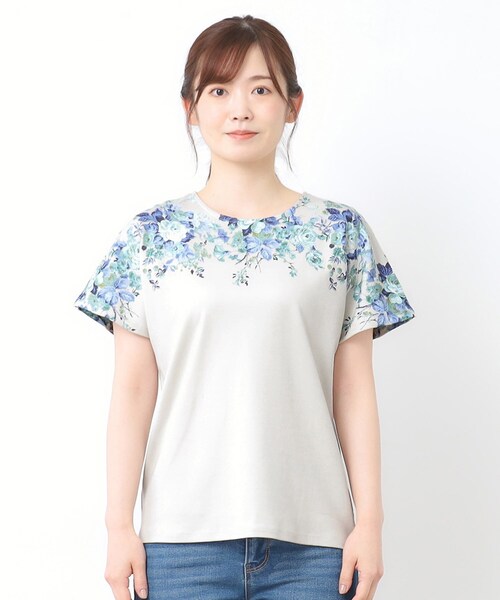 LAURA ASHLEY(ローラアシュレイ)の「【接触冷感/コットン100%】ローズモア柄 ラインTシャツ(Tシャツ/カットソー・レディース・ホワイト系/ネイビー/グレー・38/40)」の9枚目の写真