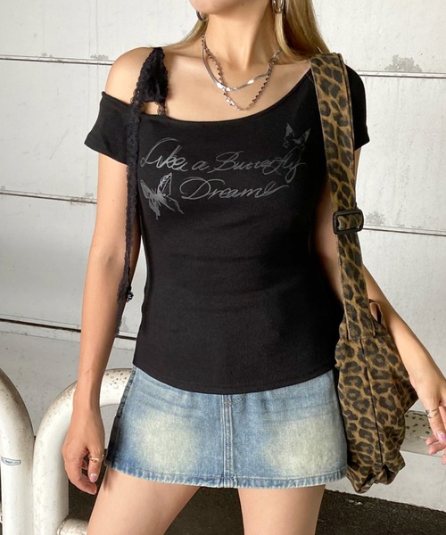 non-hedge（ノンヘッジ）の「レース紐ワンショルダーショート丈トップス（Tシャツ/カットソー・レディース・モカ/ベージュ/グレー/ブラック・FREE）」の2枚目の写真