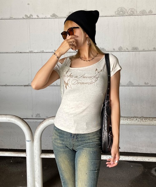 non-hedge（ノンヘッジ）の「レース紐ワンショルダーショート丈トップス（Tシャツ/カットソー・レディース・モカ/ベージュ/グレー/ブラック・FREE）」の5枚目の写真