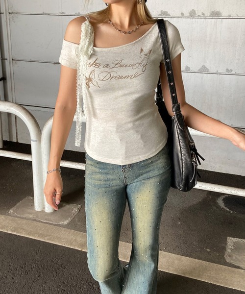 non-hedge（ノンヘッジ）の「レース紐ワンショルダーショート丈トップス（Tシャツ/カットソー・レディース・モカ/ベージュ/グレー/ブラック・FREE）」の9枚目の写真