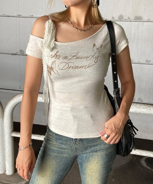non-hedge（ノンヘッジ）の「レース紐ワンショルダーショート丈トップス（Tシャツ/カットソー・レディース・モカ/ベージュ/グレー/ブラック・FREE）」の10枚目の写真