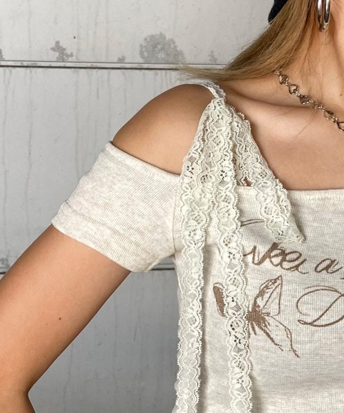 non-hedge（ノンヘッジ）の「レース紐ワンショルダーショート丈トップス（Tシャツ/カットソー・レディース・モカ/ベージュ/グレー/ブラック・FREE）」の15枚目の写真