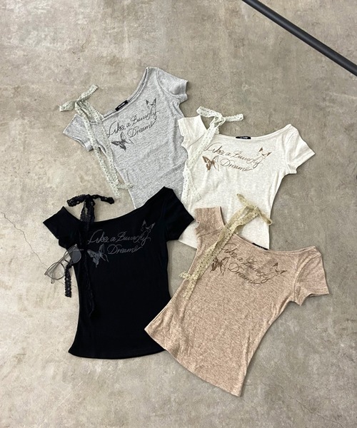 non-hedge（ノンヘッジ）の「レース紐ワンショルダーショート丈トップス（Tシャツ/カットソー・レディース・モカ/ベージュ/グレー/ブラック・FREE）」の18枚目の写真