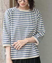 リブ切替７分袖ボーダーＴ