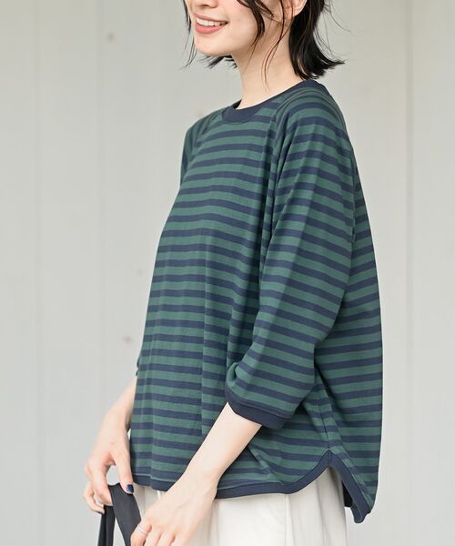 rps(アールピーエス)の「リブ切替7分袖ボーダーT(Tシャツ/カットソー・レディース・グリーン/モカ/グレイッシュブルー/ブラック・フリー)」の3枚目の写真