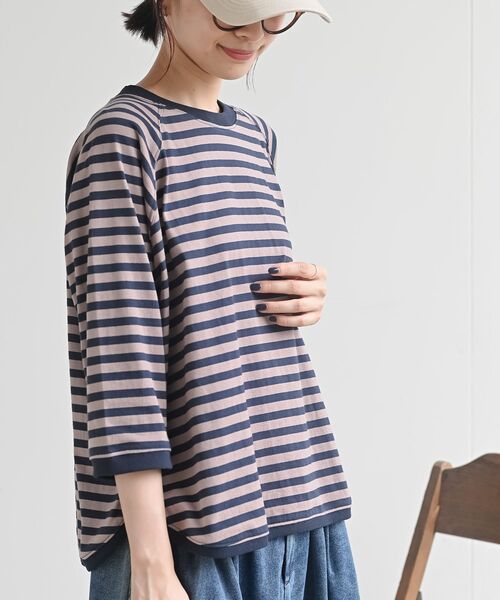 rps(アールピーエス)の「リブ切替7分袖ボーダーT(Tシャツ/カットソー・レディース・グリーン/モカ/グレイッシュブルー/ブラック・フリー)」の2枚目の写真