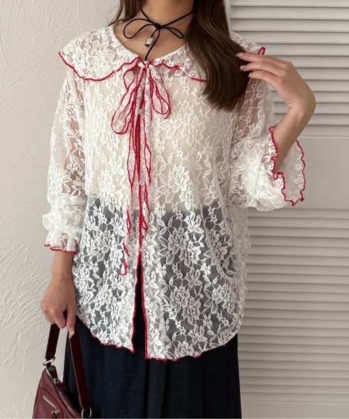 kutir（クティール）の「配色レースドロストリボンカーディガン/トップス（カーディガン/ボレロ・レディース・ブラック/カーキ/アイボリー/オフホワイト・FREE）」の3枚目の写真