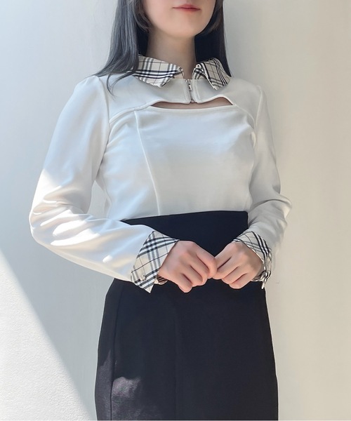 abc une face アーベーセーアンフェイス の チェック衿フロントアキトップス Tシャツ カットソー