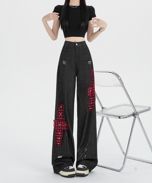 gossip!ロサンゼルス(ゴシップロサンゼルス)の「チェックアクセントエクストリームワイド デコラティブデニムパンツ(デニムパンツ・レディース・ブラック・M/S)」の6枚目の写真