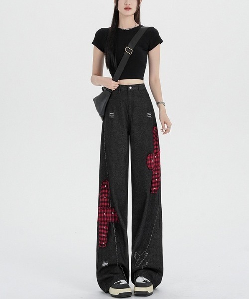 gossip!ロサンゼルス(ゴシップロサンゼルス)の「チェックアクセントエクストリームワイド デコラティブデニムパンツ(デニムパンツ・レディース・ブラック・M/S)」の8枚目の写真