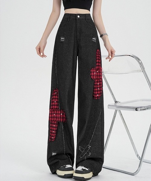 gossip!ロサンゼルス(ゴシップロサンゼルス)の「チェックアクセントエクストリームワイド デコラティブデニムパンツ(デニムパンツ・レディース・ブラック・M/S)」の9枚目の写真