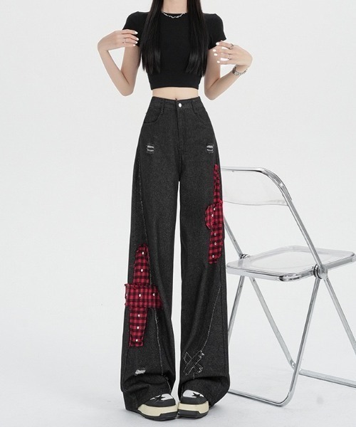 gossip!ロサンゼルス(ゴシップロサンゼルス)の「チェックアクセントエクストリームワイド デコラティブデニムパンツ(デニムパンツ・レディース・ブラック・M/S)」の11枚目の写真