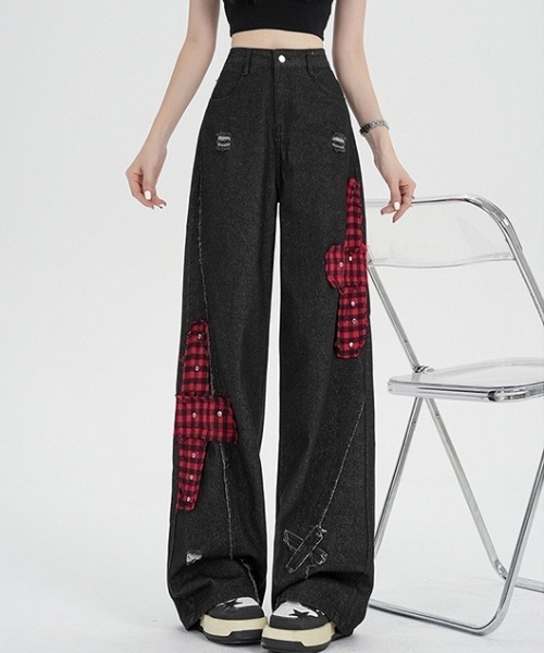 gossip!ロサンゼルス(ゴシップロサンゼルス)の「チェックアクセントエクストリームワイド デコラティブデニムパンツ(デニムパンツ・レディース・ブラック・M/S)」の14枚目の写真