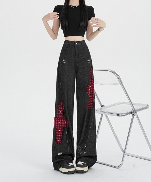 gossip!ロサンゼルス(ゴシップロサンゼルス)の「チェックアクセントエクストリームワイド デコラティブデニムパンツ(デニムパンツ・レディース・ブラック・M/S)」の17枚目の写真