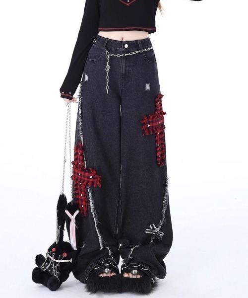 gossip!ロサンゼルス(ゴシップロサンゼルス)の「チェックアクセントエクストリームワイド デコラティブデニムパンツ(デニムパンツ・レディース・ブラック・M/S)」の18枚目の写真