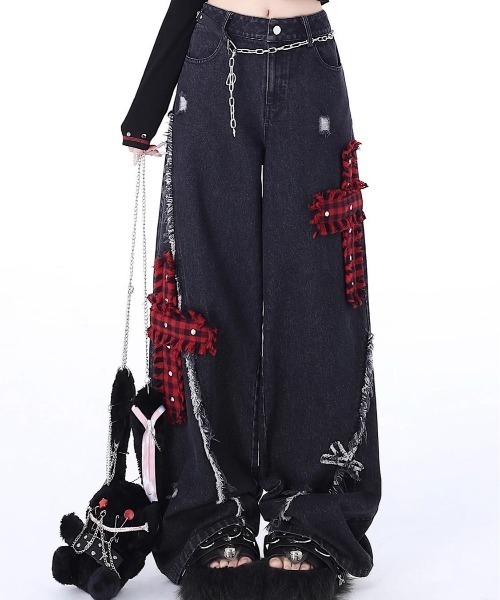 gossip!ロサンゼルス(ゴシップロサンゼルス)の「チェックアクセントエクストリームワイド デコラティブデニムパンツ(デニムパンツ・レディース・ブラック・M/S)」の19枚目の写真