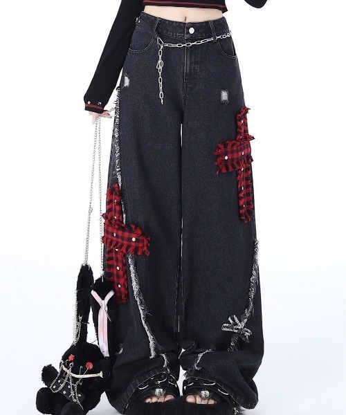 gossip!ロサンゼルス(ゴシップロサンゼルス)の「チェックアクセントエクストリームワイド デコラティブデニムパンツ(デニムパンツ・レディース・ブラック・M/S)」の21枚目の写真