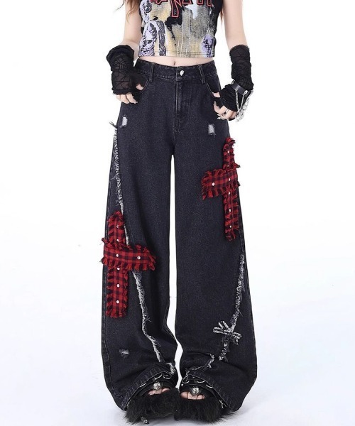 gossip!ロサンゼルス(ゴシップロサンゼルス)の「チェックアクセントエクストリームワイド デコラティブデニムパンツ(デニムパンツ・レディース・ブラック・M/S)」の22枚目の写真