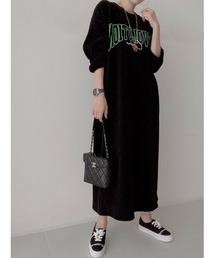 コーデュロイ長袖プリントワンピース